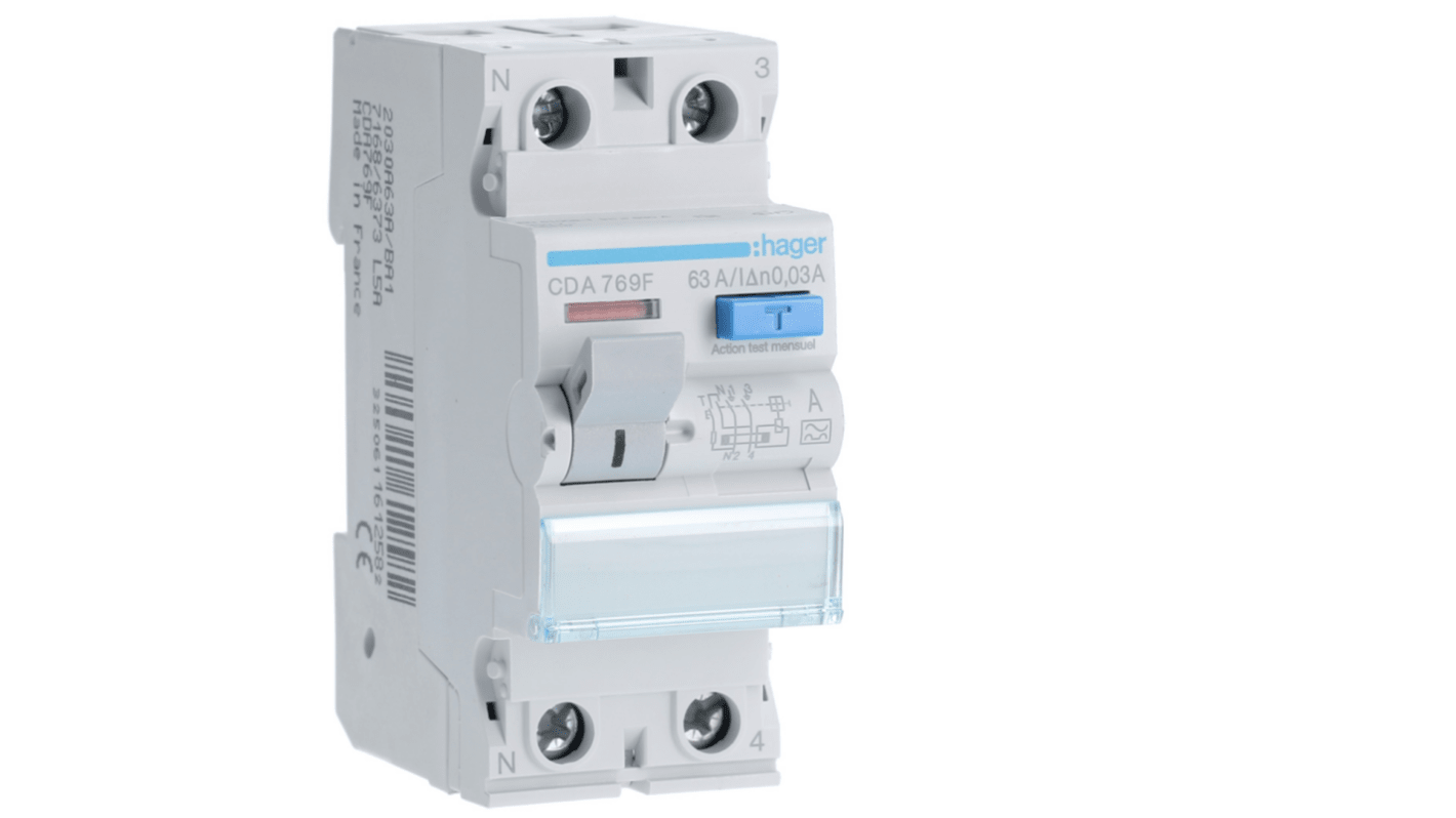 Hager CDA RCD Switch, 63A, 2 Pole, 30mA, Type A, 230V