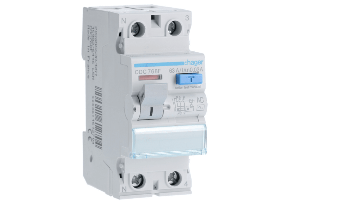Hager CDC RCD Switch, 63A, 2 Pole, 30mA, Type AC, 230V
