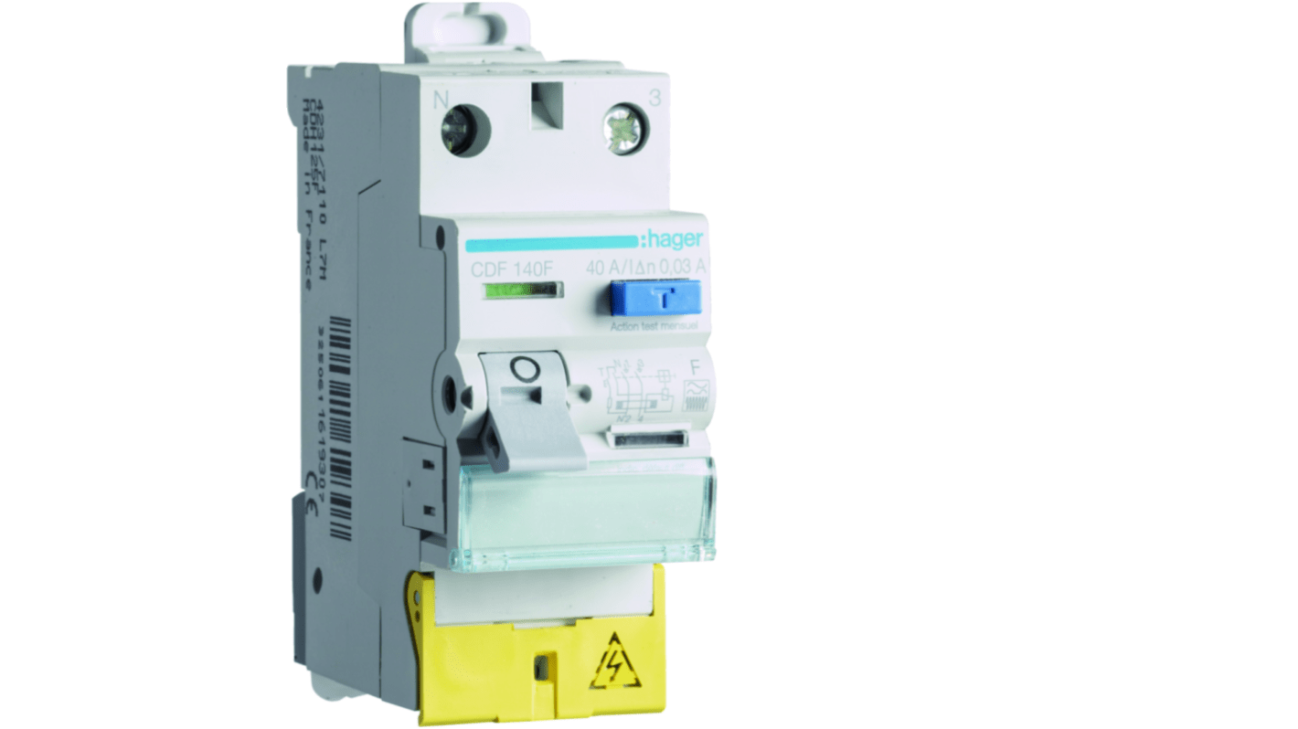 Hager CDF RCD Switch, 40A, 2 Pole, 30mA, Type F, 230V