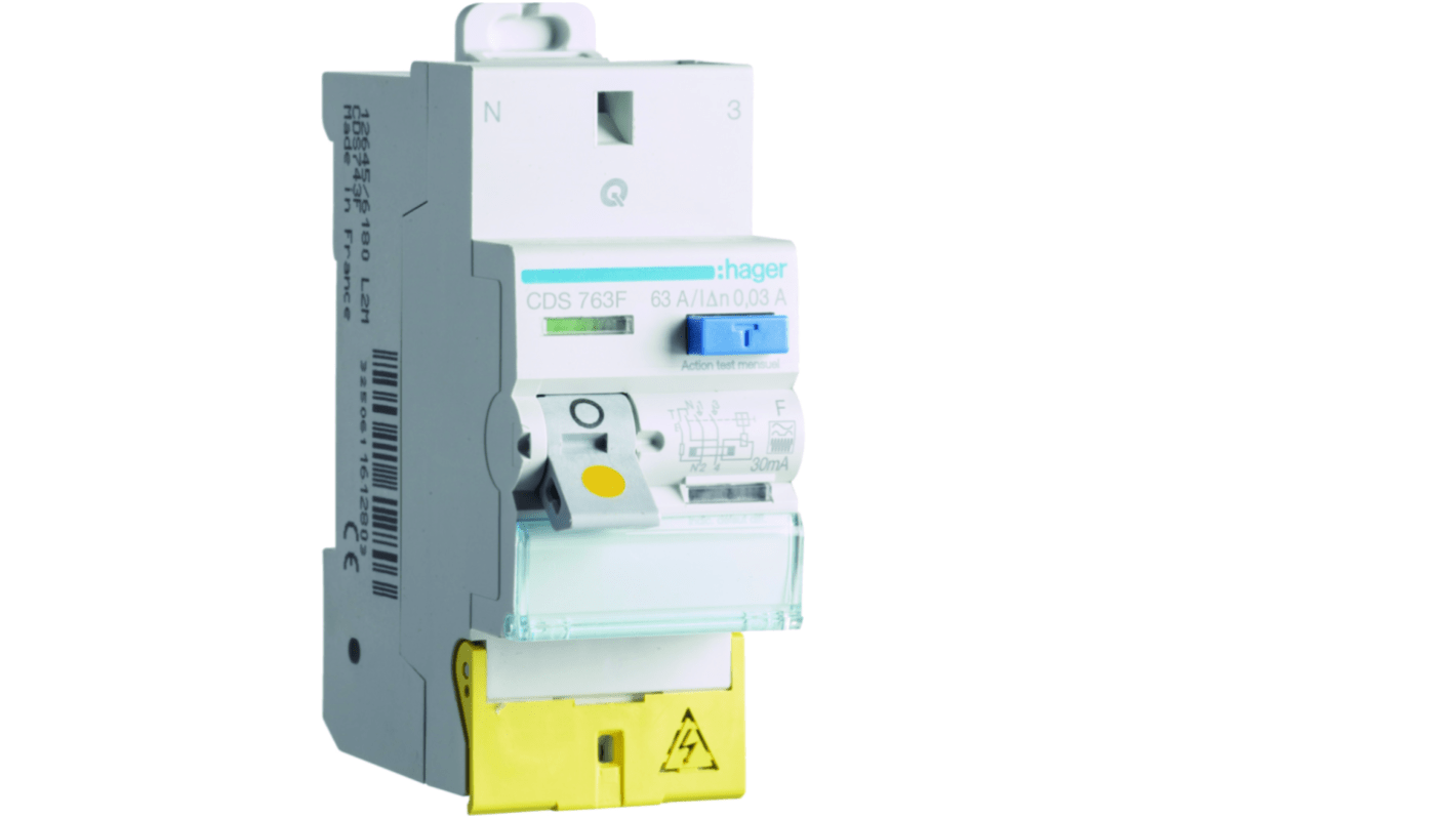 Hager CDS RCD Switch, 63A, 2 Pole, 30mA, Type F, 230V