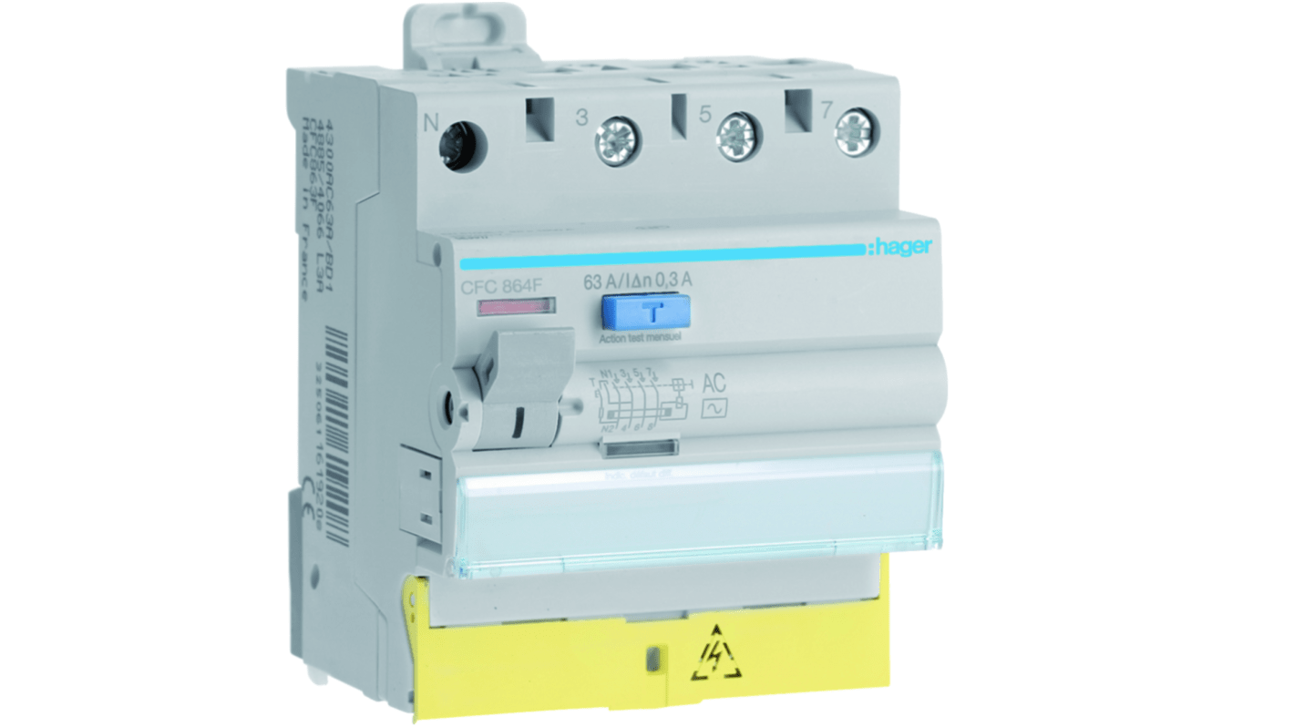 Hager CFC RCD Switch, 63A, 4 Pole, 300mA, Type AC, 230 → 400V