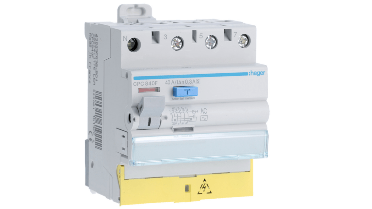 Hager CPC RCD Switch, 40A, 4 Pole, 300mA, Type AC, 230 → 400V