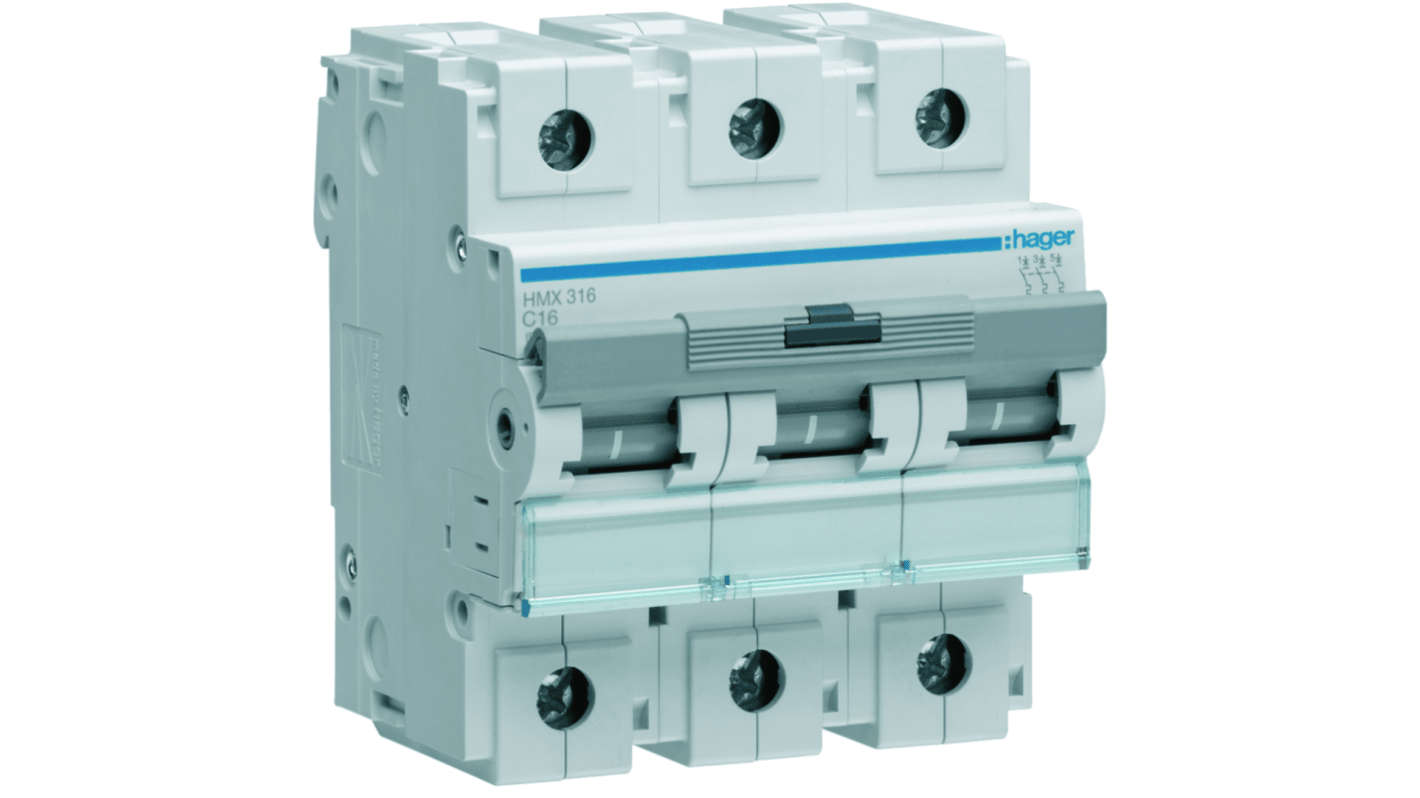 Hager Hager HMX Circuit Breaker, 3P, 16A Curve C, 415V AC, 50 kA Breaking Capacity