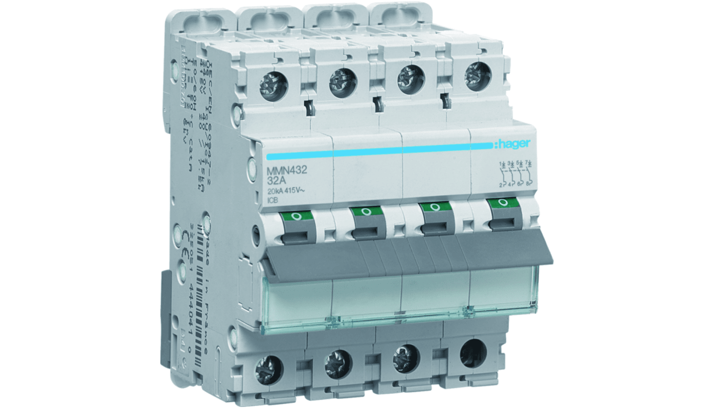 Hager Hager MMN Circuit Breaker, 4P, 32A, Type AC, 415V AC, 20 kA Breaking Capacity