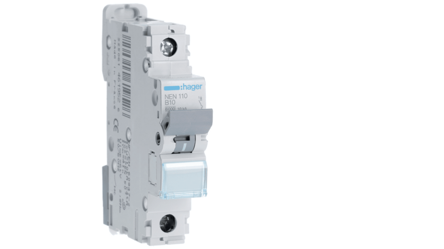 Hager Hager NEN Circuit Breaker, 1P, 10A Curve B, 230 → 400V AC, 10 kA Breaking Capacity