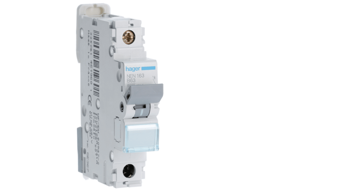 Hager Hager NEN Circuit Breaker, 1P, 63A Curve B, 230 → 400V AC, 10 kA Breaking Capacity
