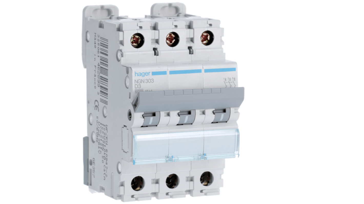 Hager Hager NGN Circuit Breaker, 3P, 3A Curve D, 400V AC, 10 kA Breaking Capacity