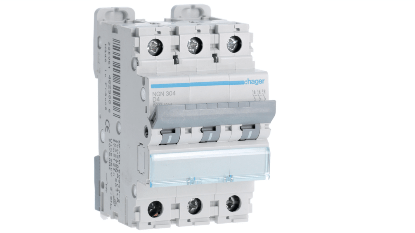 Hager Hager NGN Circuit Breaker, 3P, 4A Curve D, 400V AC, 10 kA Breaking Capacity