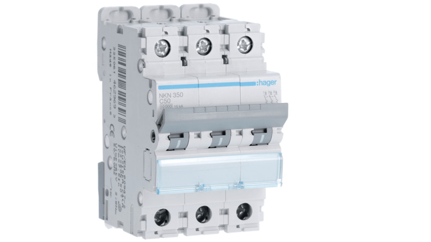 Hager Hager NKN Circuit Breaker, 3P, 50A Curve C, 400V AC, 15 kA Breaking Capacity