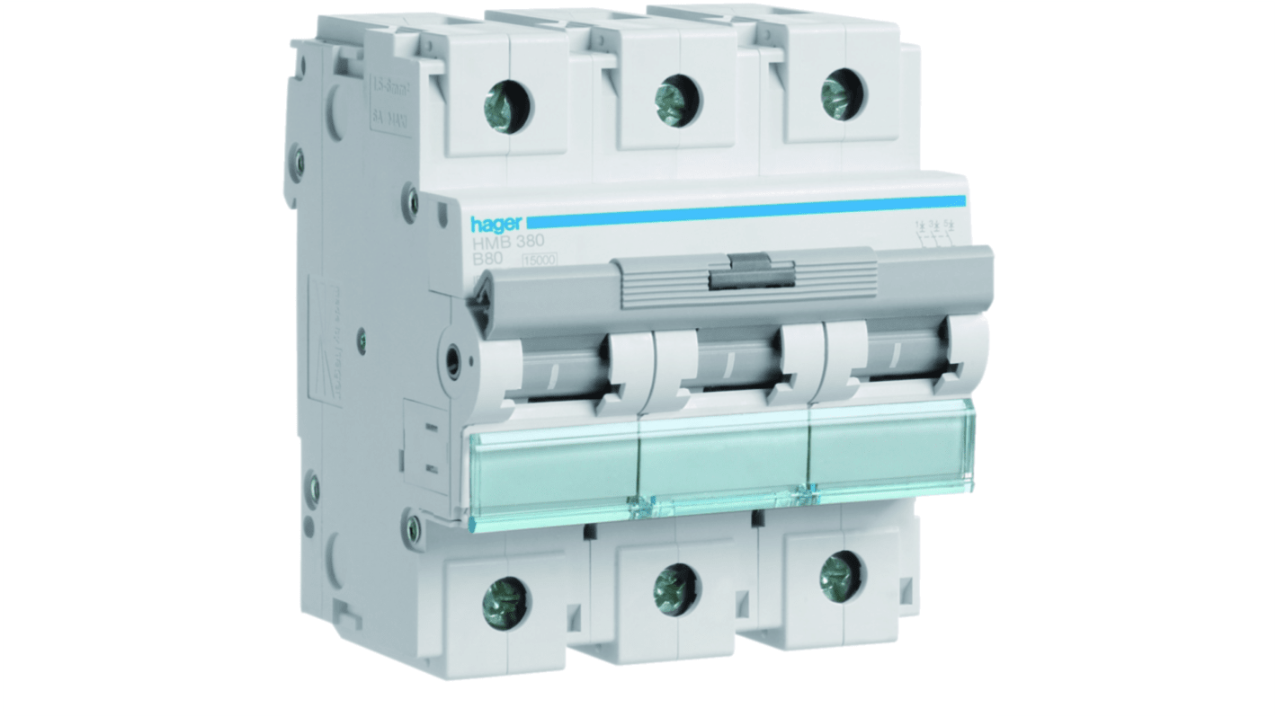 Hager HMB MCB, 3P, 80A, 400V AC, 15 Breaking Capacity