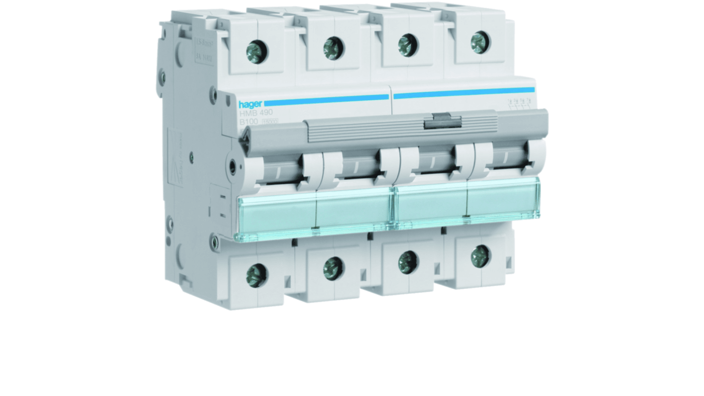 Hager HMB MCB, 4P, 100A, 400V AC, 15 Breaking Capacity