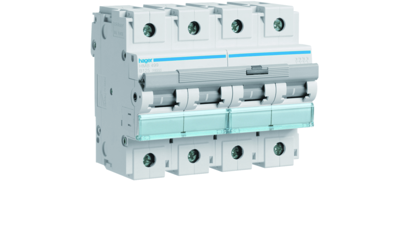 Hager HMB MCB, 4P, 125A, 400V AC, 15 Breaking Capacity