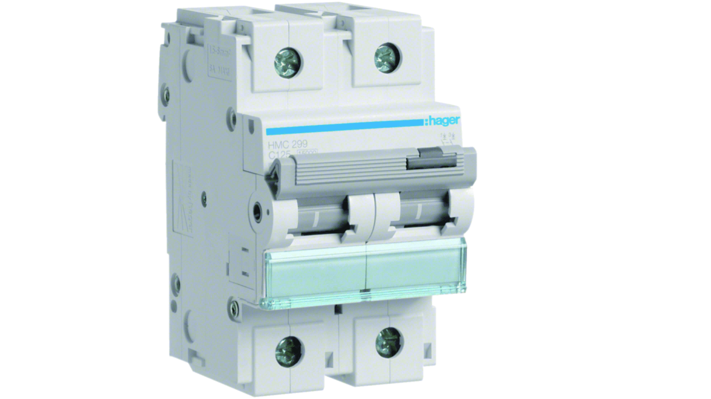 Hager HMC MCB, 2P, 125A, 400V AC, 15 Breaking Capacity