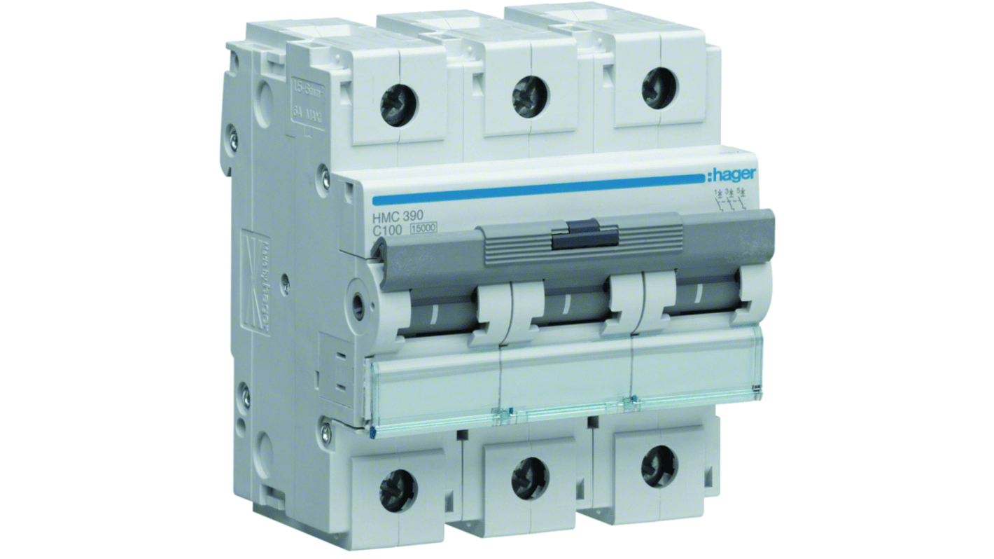 Hager HMC MCB, 3P, 100A, 400V AC, 15 Breaking Capacity