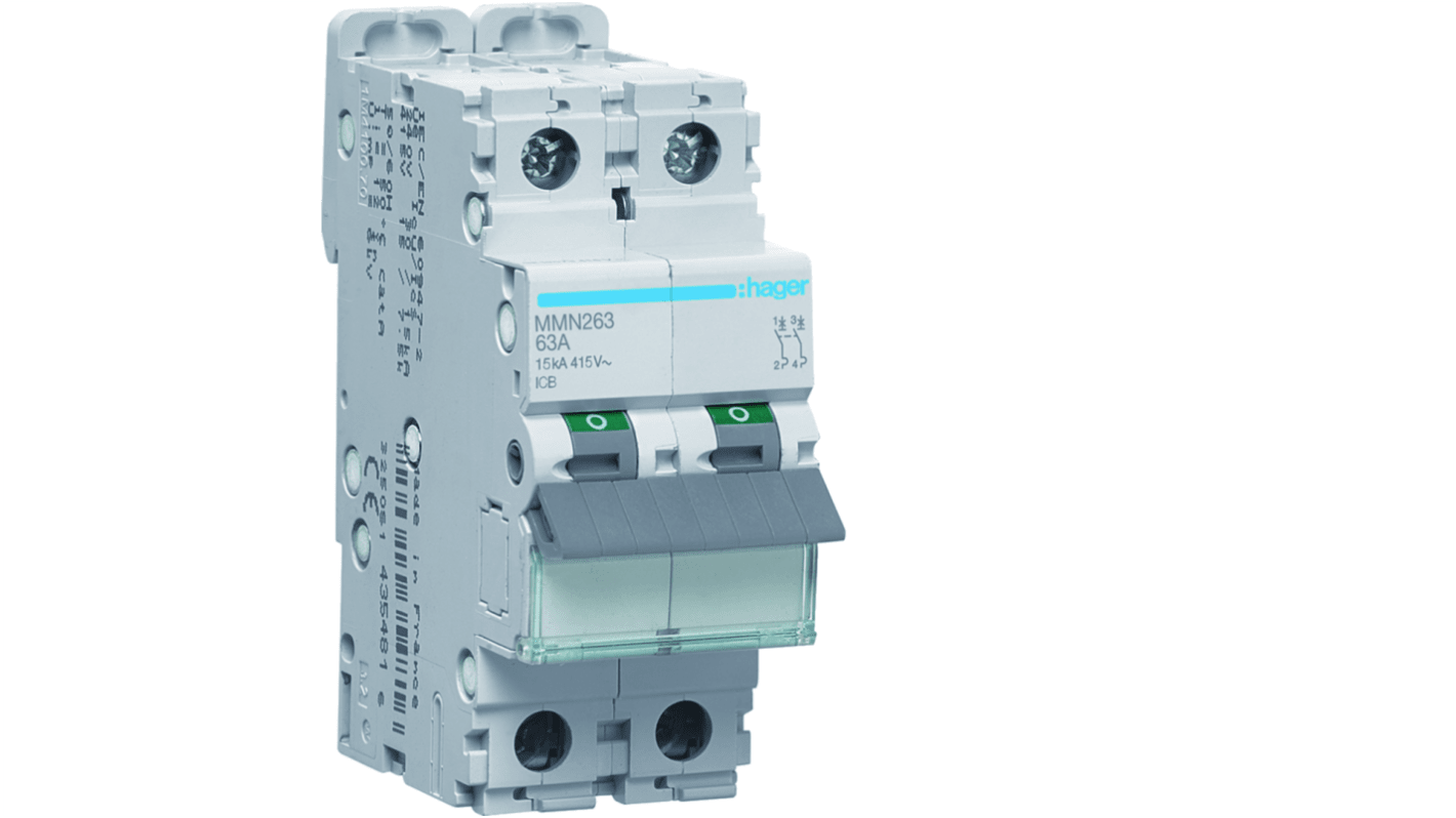 Hager MMN MCB, 2P, 63A, 400V AC, 15 kA Breaking Capacity