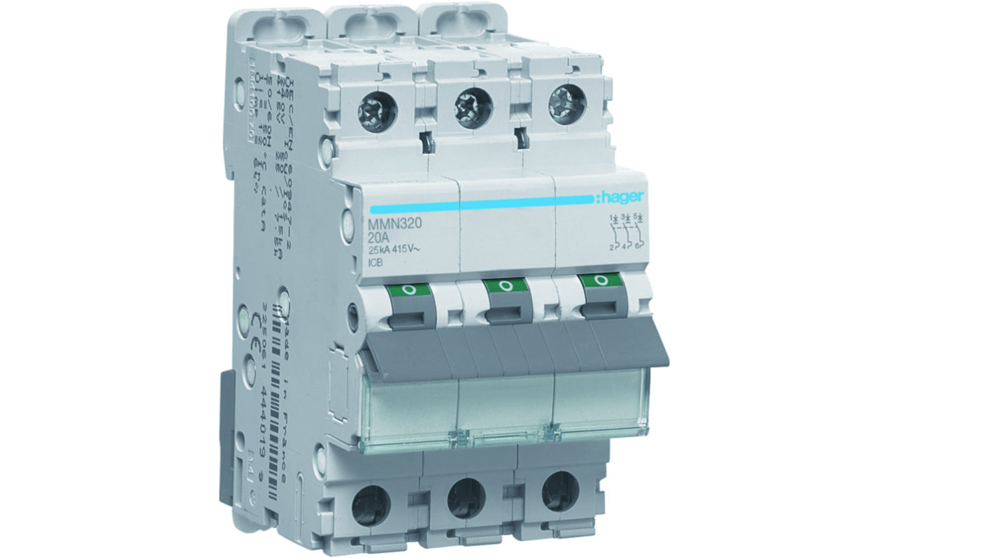 Hager MMN MCB, 3P, 20A, 400V AC, 20 kA Breaking Capacity