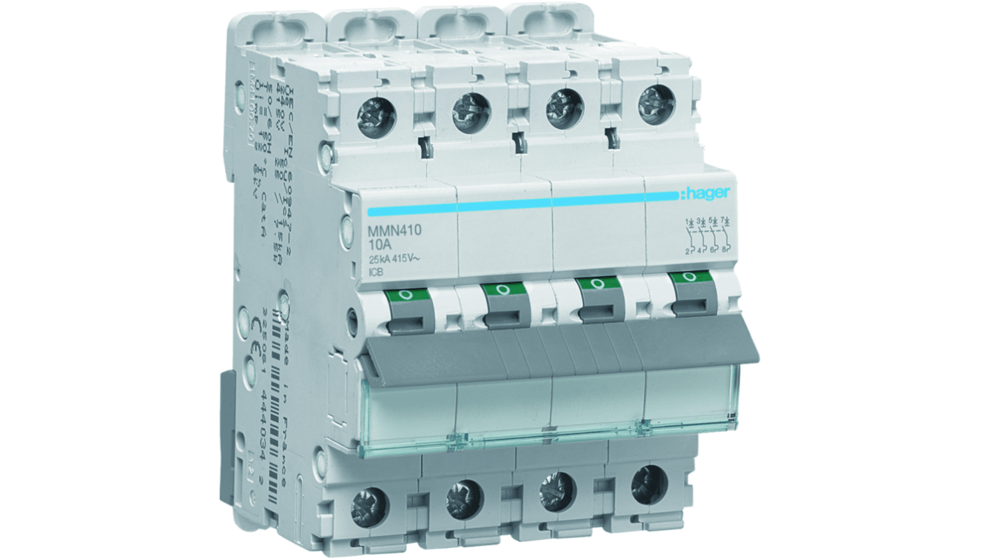 Hager MMN MCB, 4P, 10A, 400V AC, 25 kA Breaking Capacity