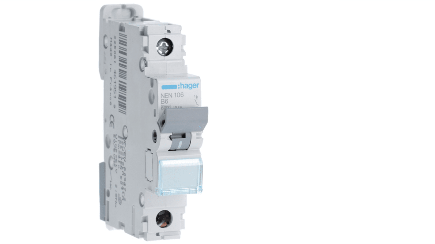 Hager NEN MCB, 1P, 6A, 230V AC, 10 kA Breaking Capacity