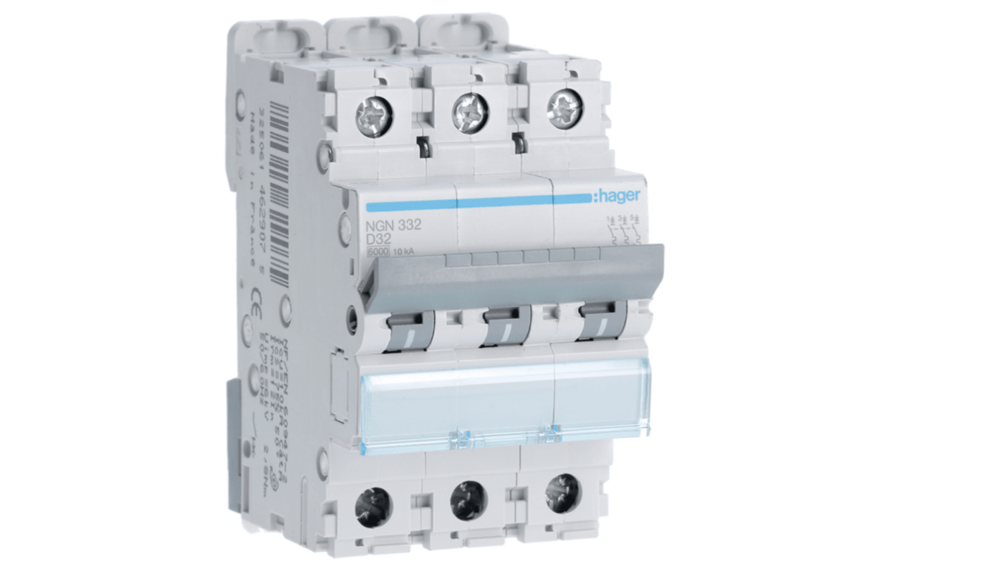 Hager NGN MCB, 3P, 32A, 400V AC, 10 Breaking Capacity