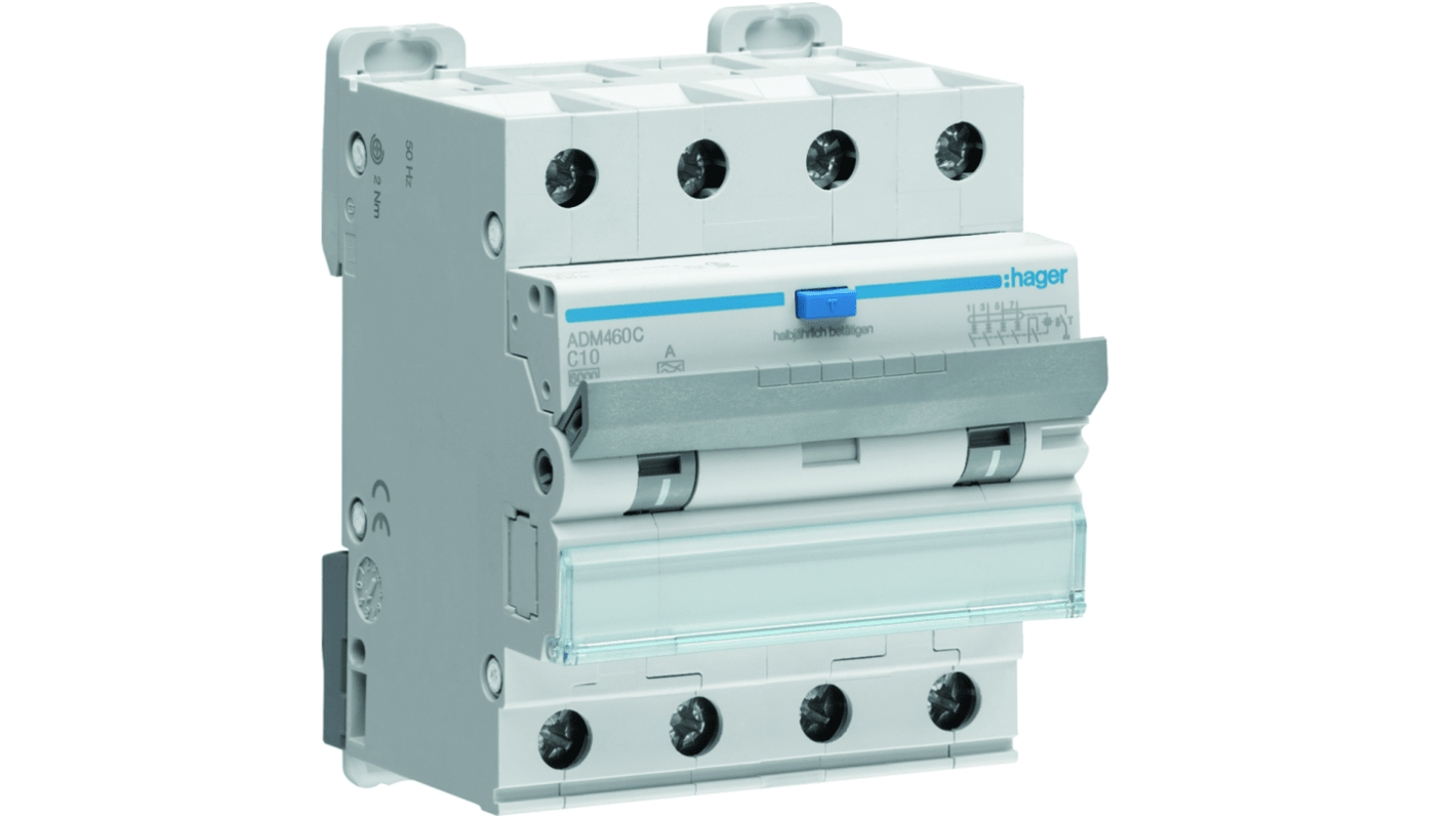 Hager RCBO, 10A Current Rating, 4P Poles, 30mA Trip Sensitivity, Type A