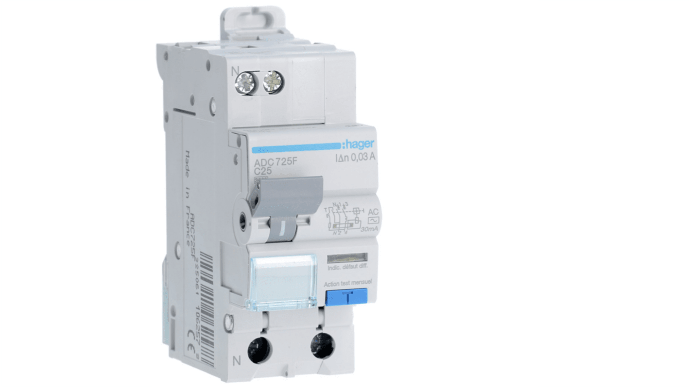 Hager RCBO, 25A Current Rating, 1P+N Poles, 30mA Trip Sensitivity, Type AC