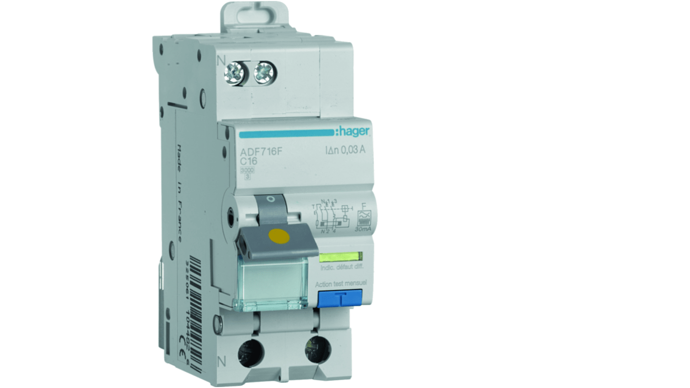 Hager RCBO, 16A Current Rating, 1P+N Poles, 30mA Trip Sensitivity, Type F