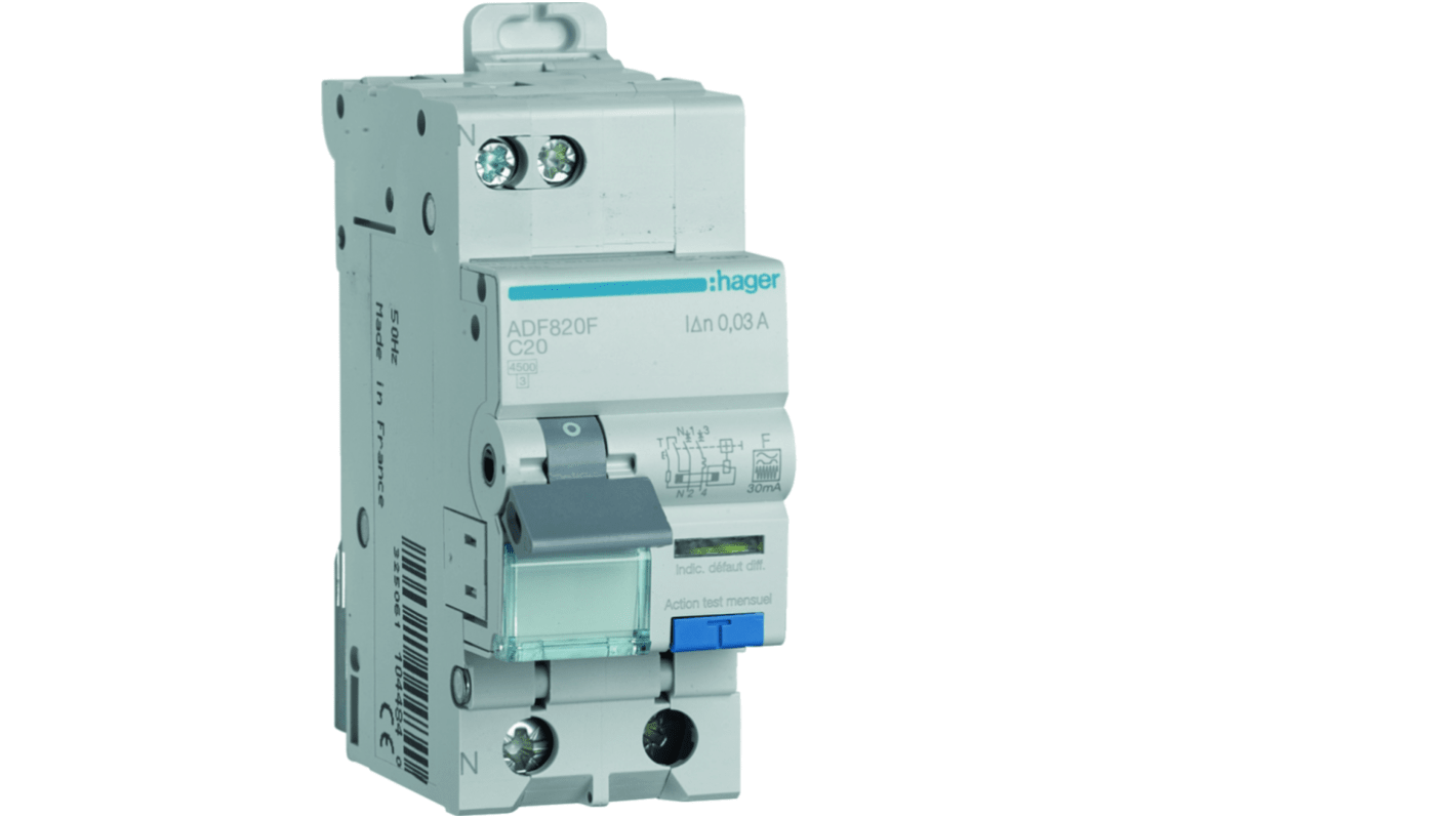 Hager RCBO, 30A Current Rating, 1P+N Poles, 30mA Trip Sensitivity, Type F