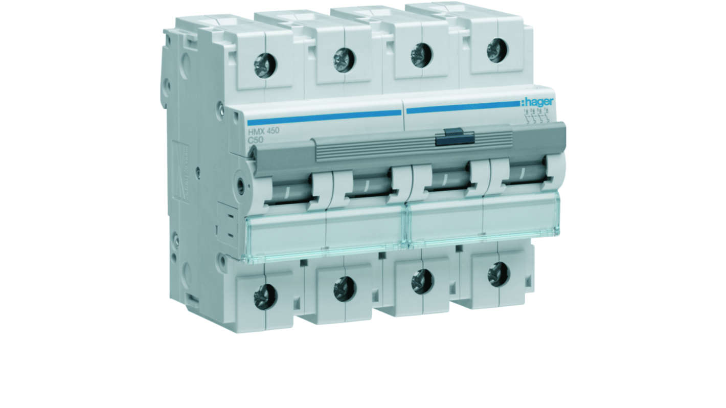 Hager HMX MCB, 4P, 50A, 400V AC, 50 Breaking Capacity