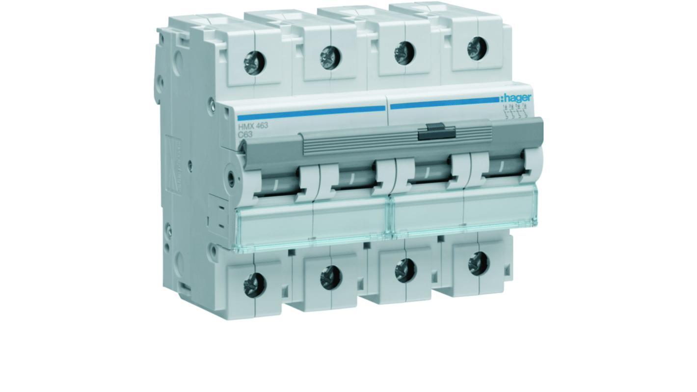 Hager HMX MCB, 4P, 63A, 400V AC, 50 Breaking Capacity