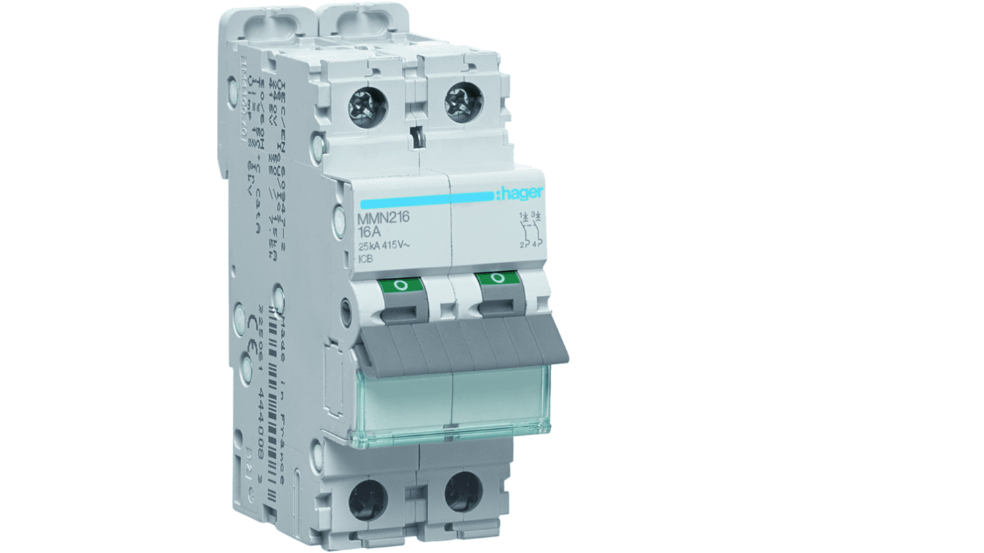 Hager MMN MCB, 2P, 16A, 400V AC, 20 kA Breaking Capacity