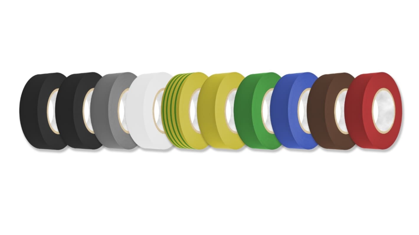 RS PRO Electro Insulating Tape Amber, Black, Blue, Green, Grey, Red, White, Yellow PVC Film Electrical Tape, 19mm x 10m