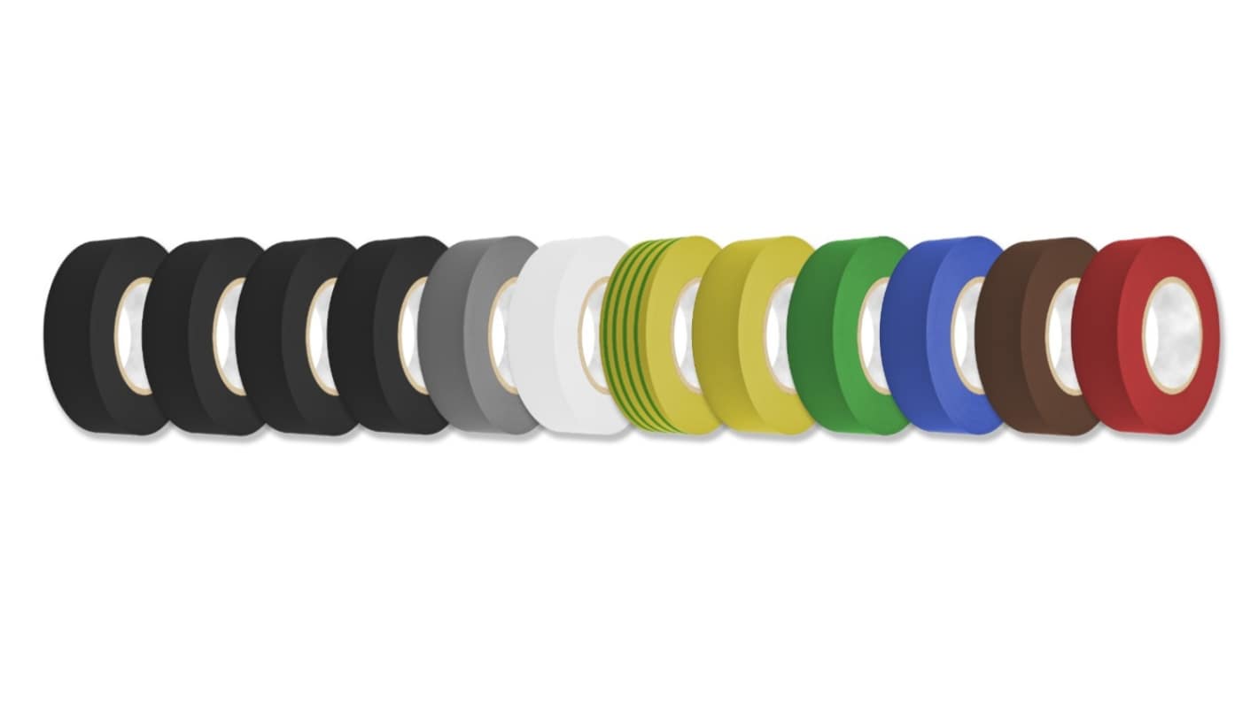 RS PRO Electro Insulating Tape Amber, Black, Blue, Green, Grey, Red, White, Yellow PVC Film Electrical Tape, 12mm x 20m