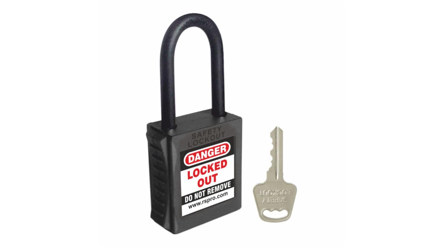 RS PRO Black 1-Lock ABS, Nylon Safety Padlocks, 6mm Shackle, 42mm Attachment