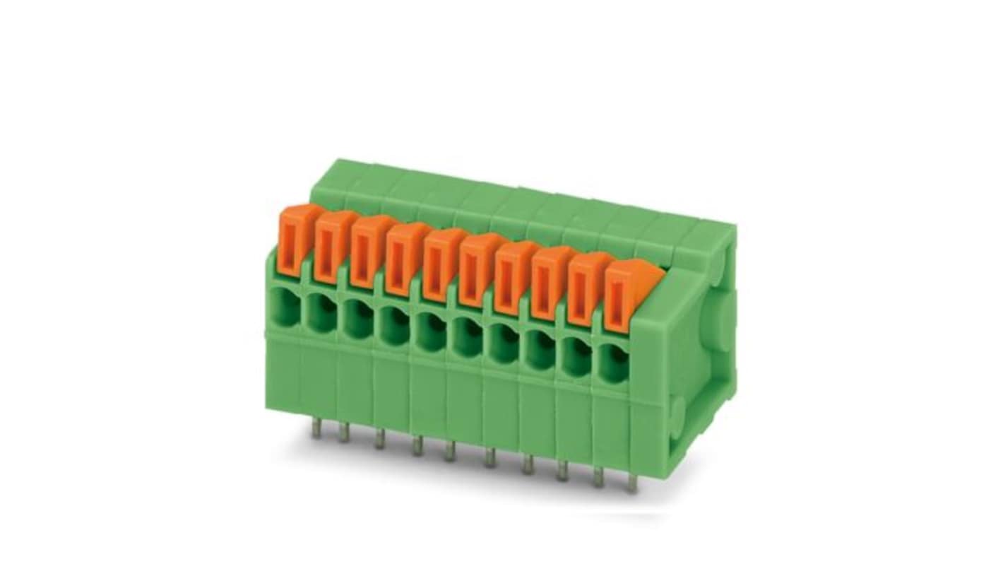 Phoenix Contact PCB Terminal Block, 2-Contact, 2.54mm Pitch, Wave Soldering, 1-Row, Push In Spring Termination