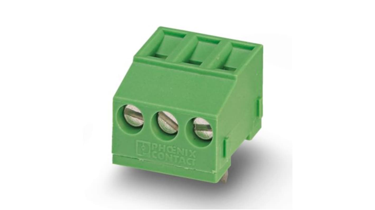 Phoenix Contact PCB Terminal Block, 3-Contact, 5mm Pitch, Wave Soldering, 1-Row, Plug In, Screw Termination