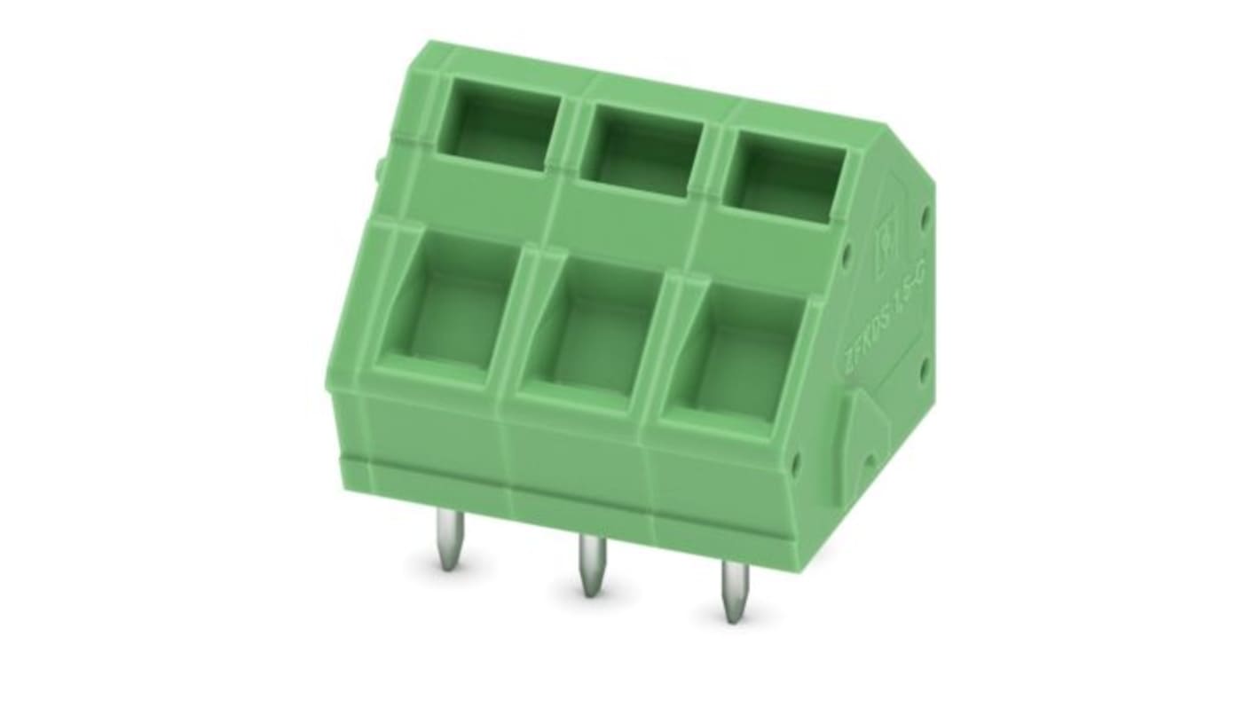 Phoenix Contact PCB Terminal Block, 3-Contact, 5mm Pitch, Wave Soldering, 1-Row, Push In Spring Termination