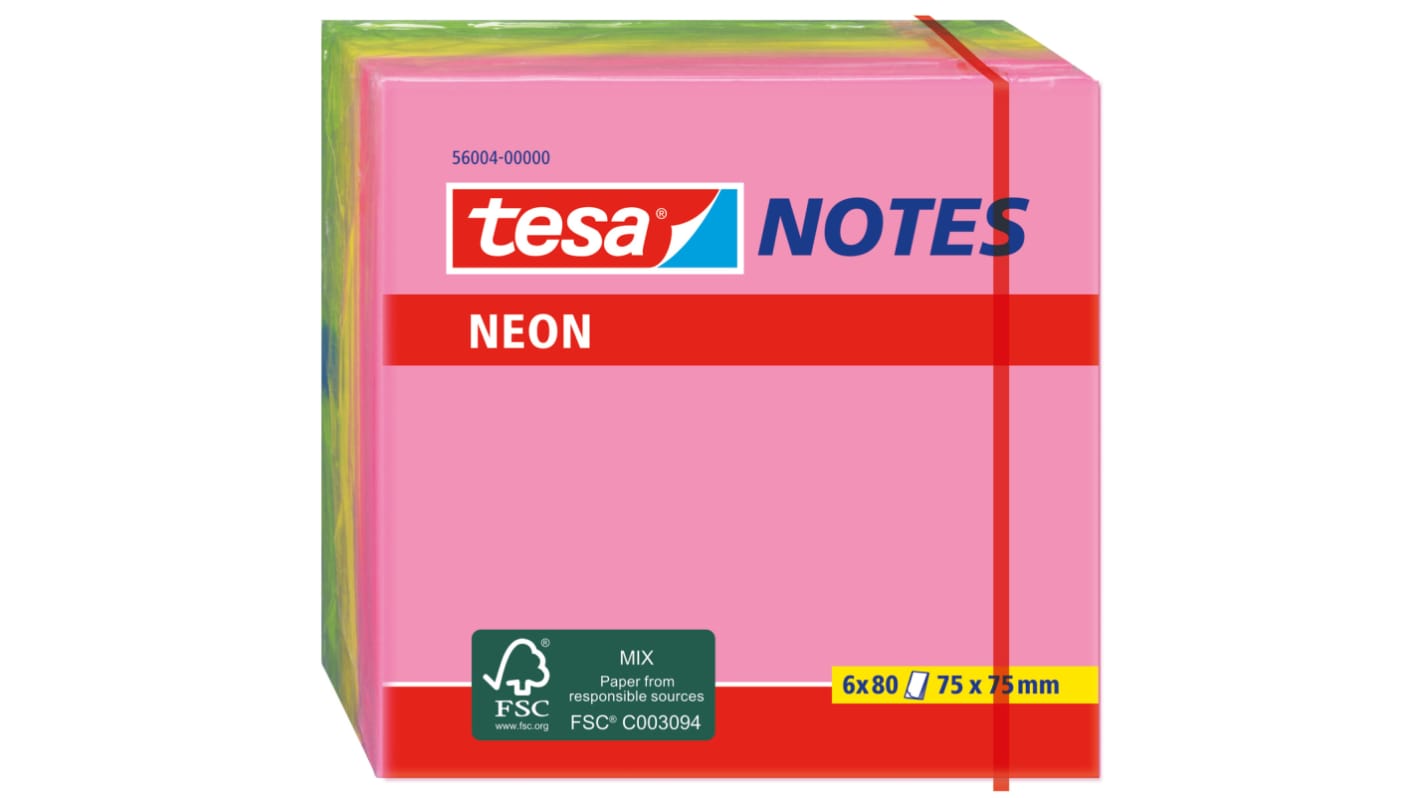 Tesa Green, Pink, Yellow Sticky Note, 75mm x 75mm