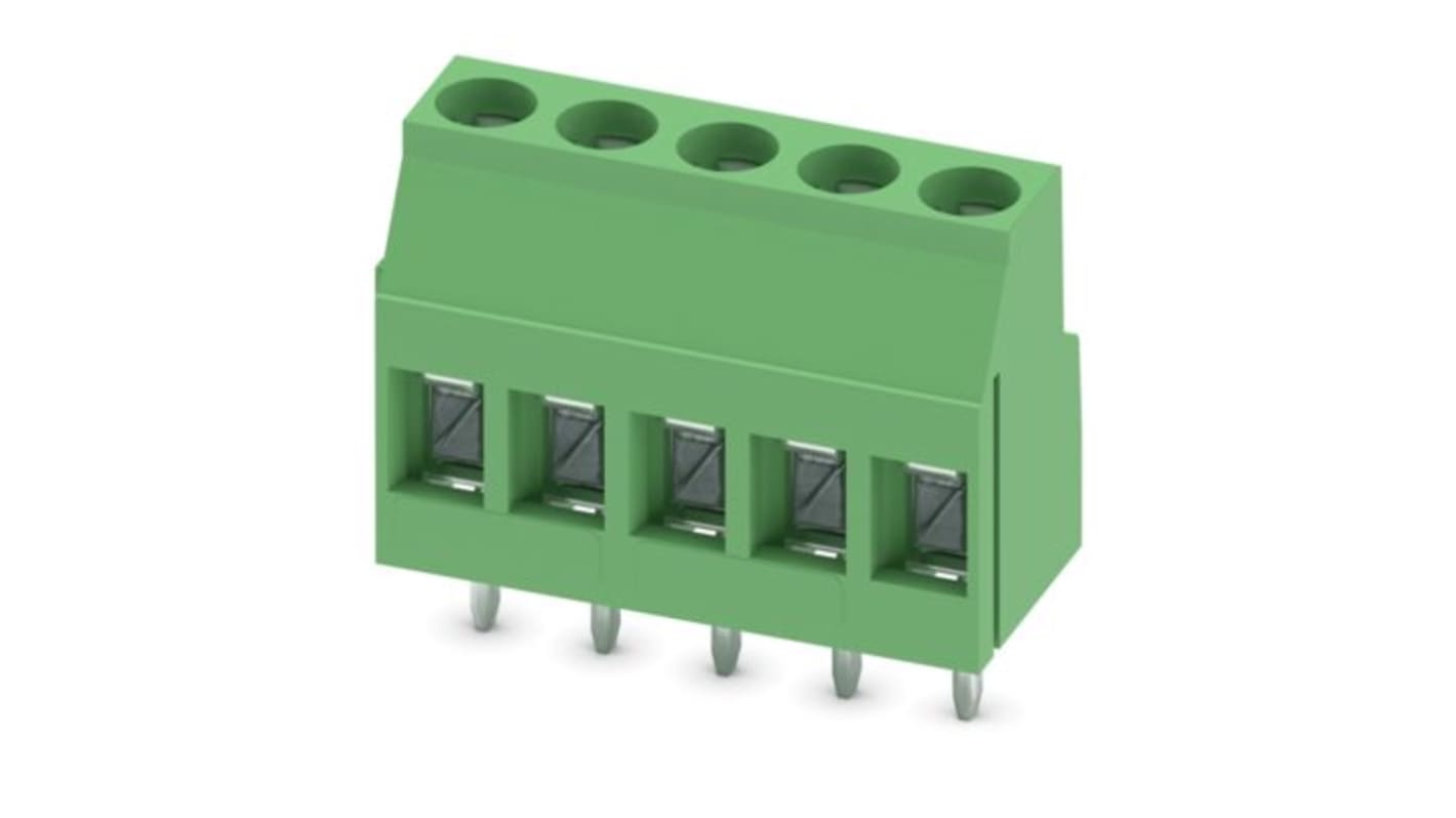 Phoenix Contact PCB Terminal Block, 5-Contact, 5mm Pitch, Wave Soldering, 1-Row, Plug In, Screw Termination