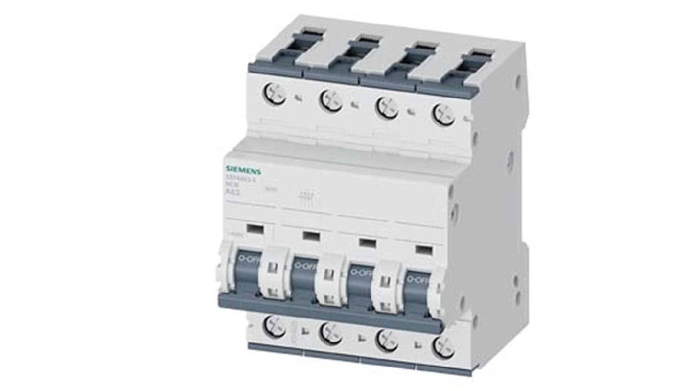 Siemens SENTRON 5SY4 MCB, 4P, 63A, Type A, 400V AC, 60V DC, 15 kA Breaking Capacity