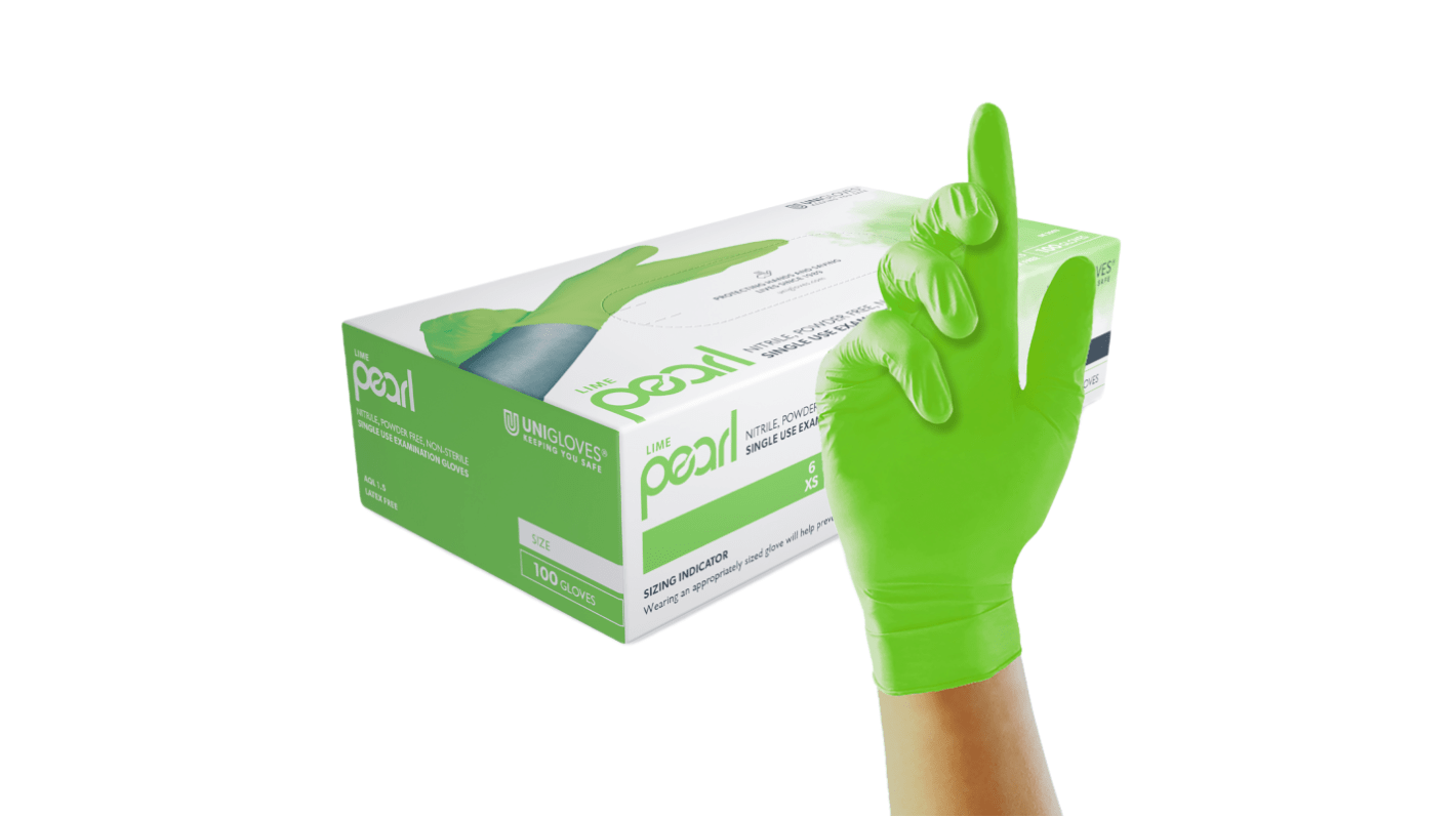 Unigloves Pearl GP Green Powder-Free Nitrile Disposable Gloves, Size Extra Large, 100Gloves per Pack