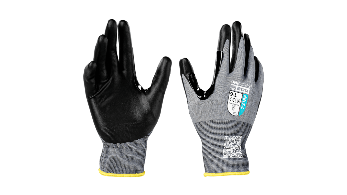 Unigloves Nitrex 244F Black/Grey HPPE, Nylon, Spandex, Tungsten Cut Resistant Work Gloves, Size XL, Foam Nitrile Coating