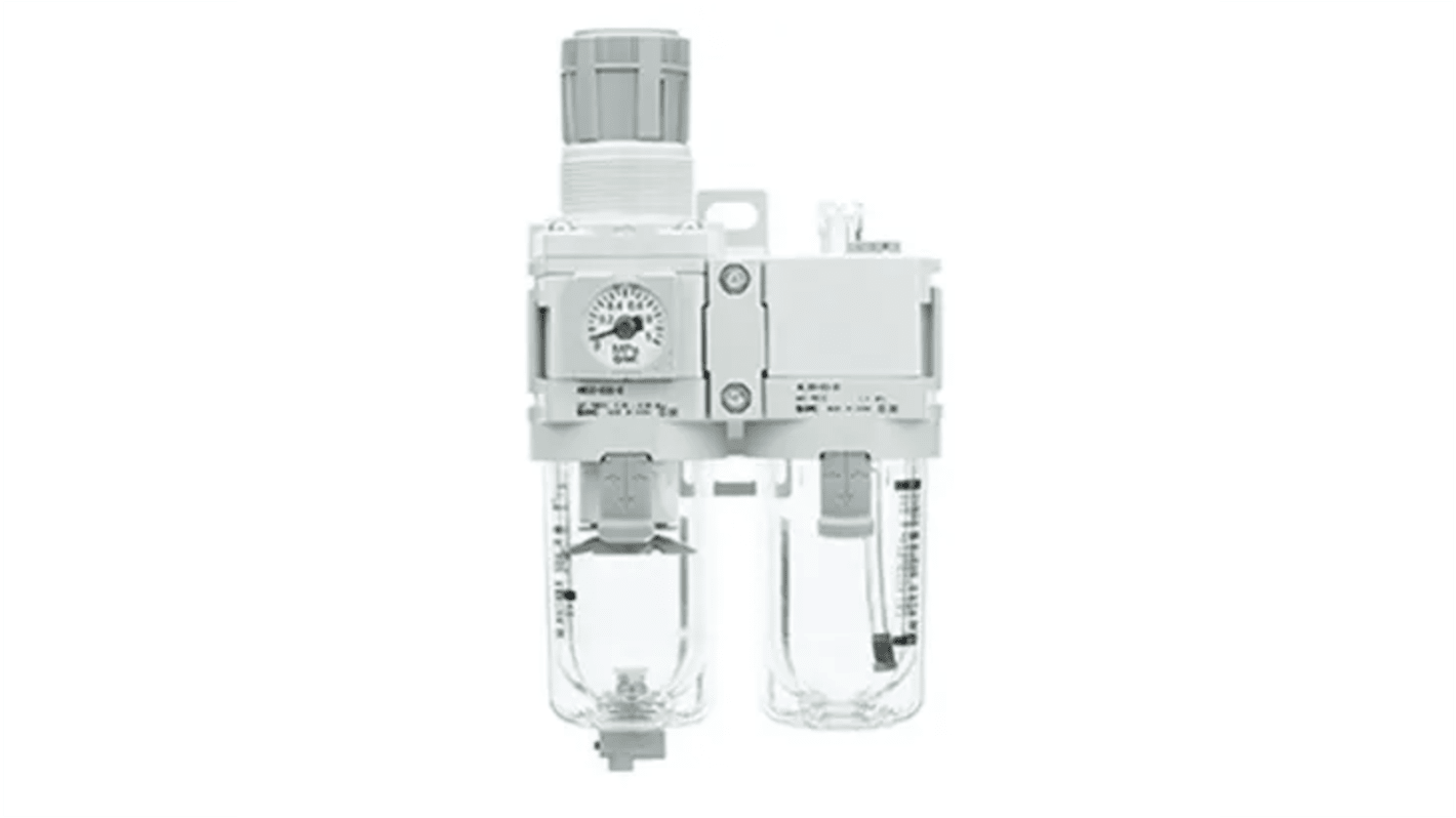 SMC G 1/4 Filter Regulator Lubricator, Automatic Drain, 5μm Filtration Size - Without Pressure Gauge, AC30A-F02-D