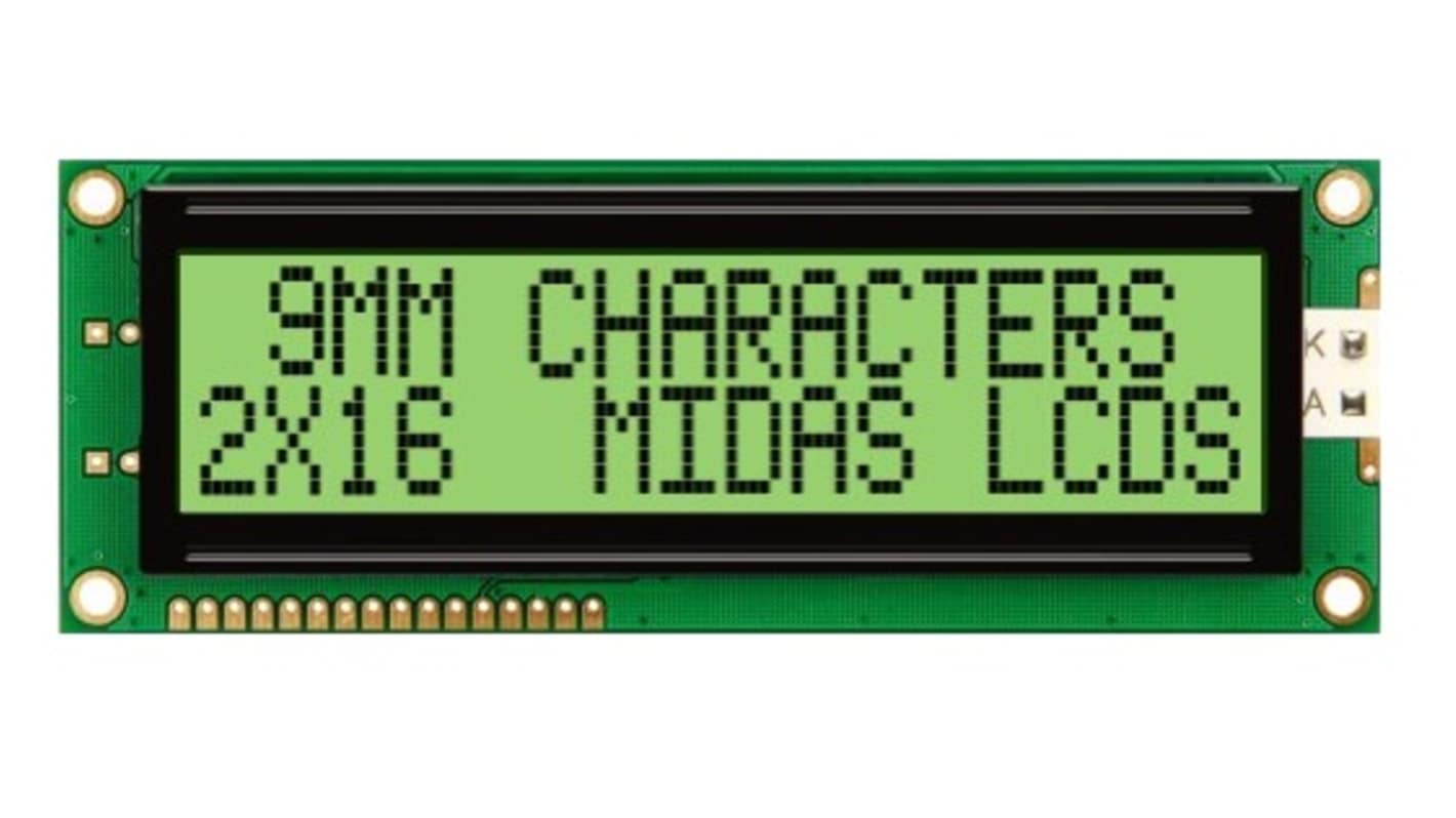 Midas MC21609A6W-GPTLY-V2 MC21609A6W Alphanumeric LCD Display, Black on Yellow/Green, 2 Rows by 16 Characters,