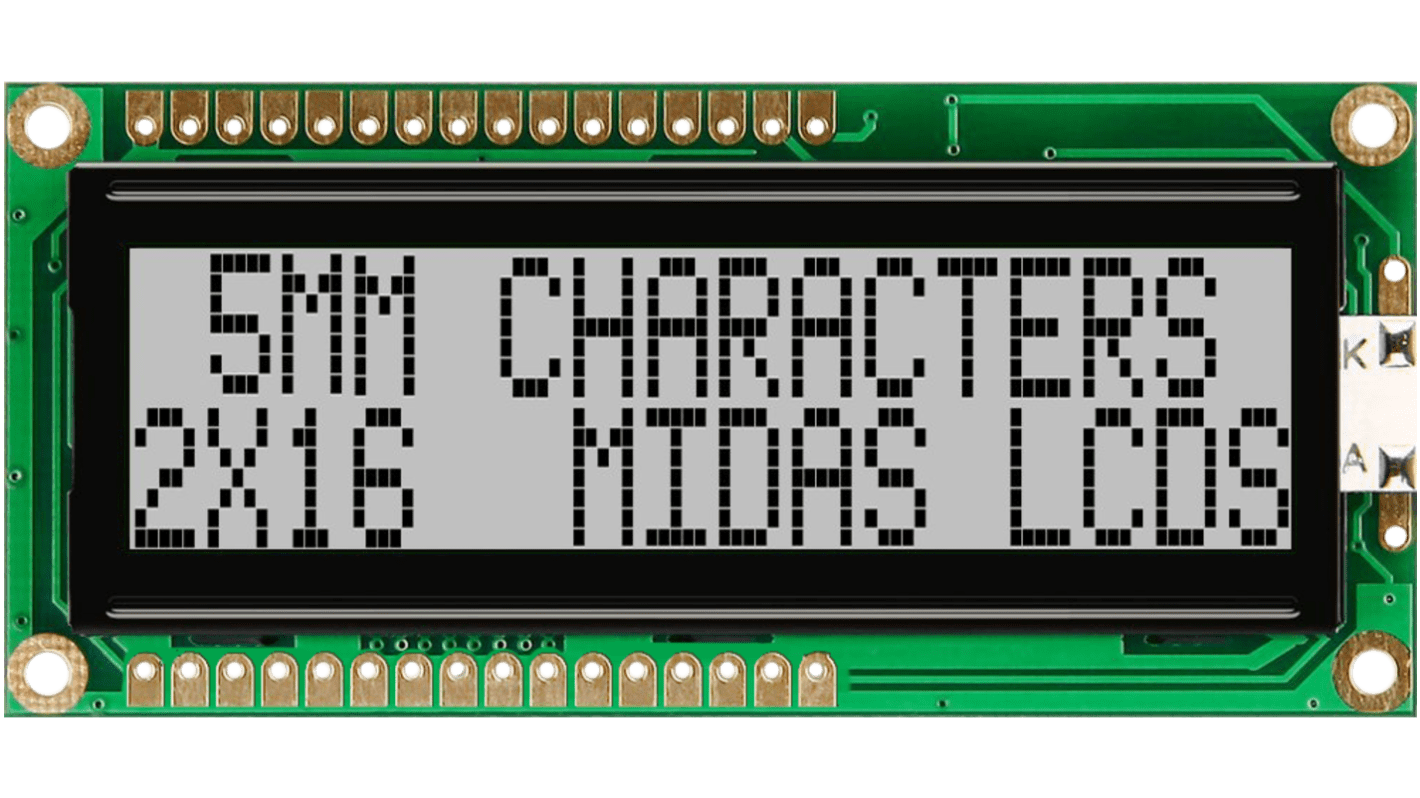 Display monocromo LCD alfanumérico Midas MC21605G6W de 2 filas x 16 caract., reflectante