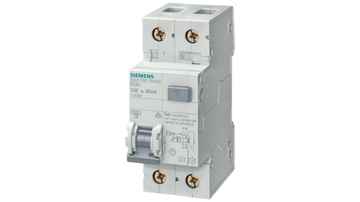Siemens RCBO, 6A Current Rating, 2P Poles, 30mA Trip Sensitivity, Type C, SENTRON Range