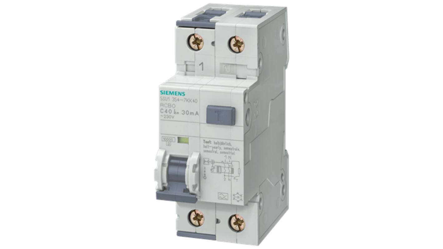 Siemens RCBO, 6A Current Rating, 2P Poles, 30mA Trip Sensitivity, Type B, SENTRON Range