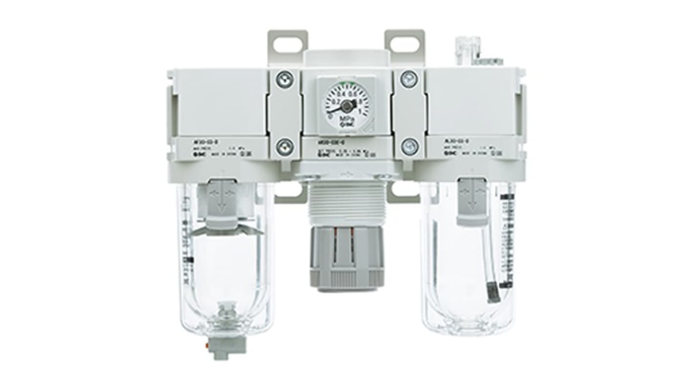 SMC NPT 1/4 Filter Regulator Lubricator, Automatic Drain - With Pressure Gauge, AC20-N02CG-CZ-D