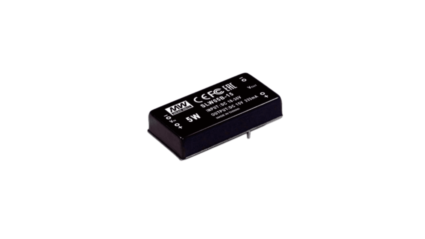 MEAN WELL SLW05 DC-DC Converter, 5V dc/ 1A Output, 18 → 36 V dc Input, 5W, Through Hole, +71°C Max Temp -25°C