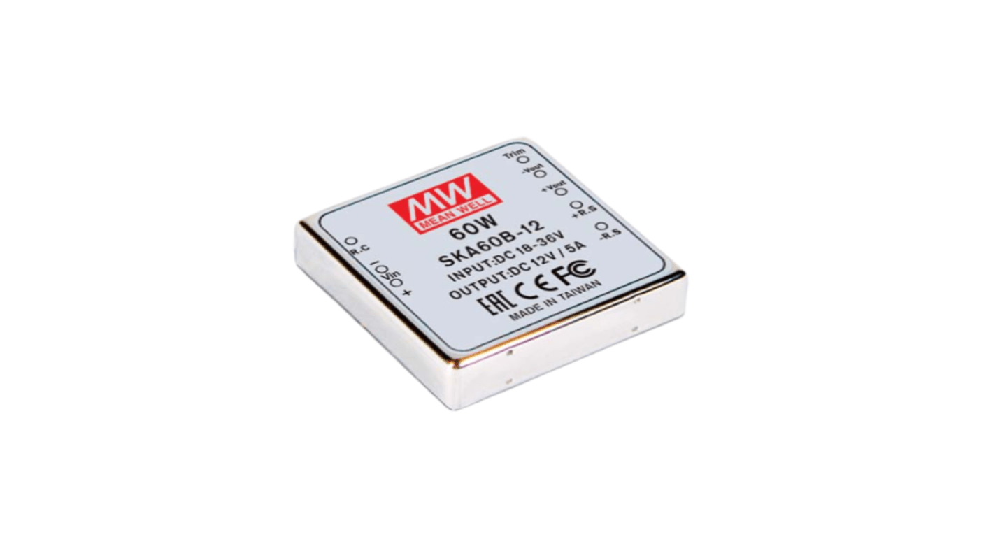 MEAN WELL Switching Power Supply, SKA60B-12, 12V, 5A, 60W, 1 Output, 18 → 36V dc Input Voltage