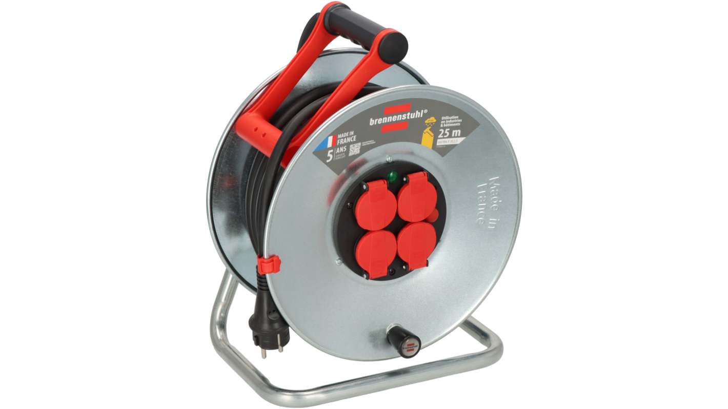 brennenstuhl 25m 4 Socket Type E - French Cable Reel Open Reel, 230 V, IP44
